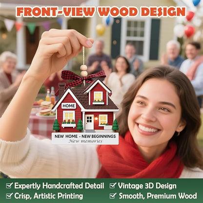 New Home Ornament - Red Wooden Housewarming Gift for Homeowners, Couples & Friends - New Home New Beginning First Christmas House Ornament