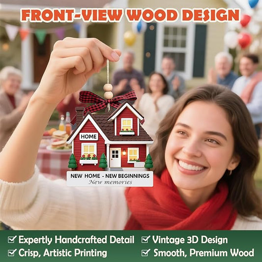 New Home Ornament - Red Wooden Housewarming Gift for Homeowners, Couples & Friends - New Home New Beginning First Christmas House Ornament