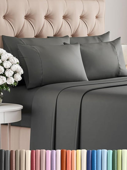 CGK Linens Full 6 Piece Sheet Set - Cooling Sheets for Hot Sleepers - Hotel Luxury Bedding Set with 8-16 Inch Deep Pockets - 1 Flat & 1 Fitted & 4 Pillowcases - Soft, Comfy and Wrinkle Free - Charcoal