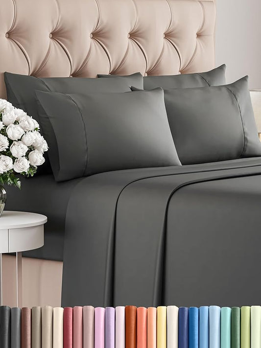 CGK Linens Queen 6 Piece Sheet Set - Cooling Sheets for Hot Sleepers - Hotel Luxury Bedding Set with 8-16 Inch Deep Pockets - 1 Flat & 1 Fitted & 4 Pillowcases - Soft, Comfy & Wrinkle Free - Charcoal