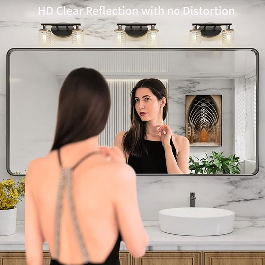 LOAAO 72X32 Inch Black Metal Framed Bathroom Mirror for Wall, Matte Black Bathroom Vanity Mirror Farmhouse, Large Rounded Rectangle Mirror, Anti-Rust, Shatter-Proof, Hangs Horizontally or Vertically