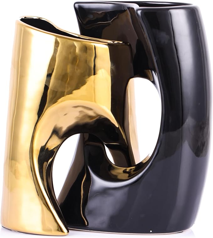Black Gold Ceramic Vases Set of 2,Modern Vase for Nordic Minimalist Book Style Shelf Decor, Hollow Round Pampas Flower Vases for Boho Home Wedding Party Room Dinner Table Shelf Decor