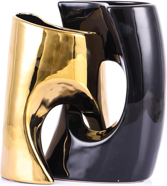 Black Gold Ceramic Vases Set of 2,Modern Vase for Nordic Minimalist Book Style Shelf Decor, Hollow Round Pampas Flower Vases for Boho Home Wedding Party Room Dinner Table Shelf Decor