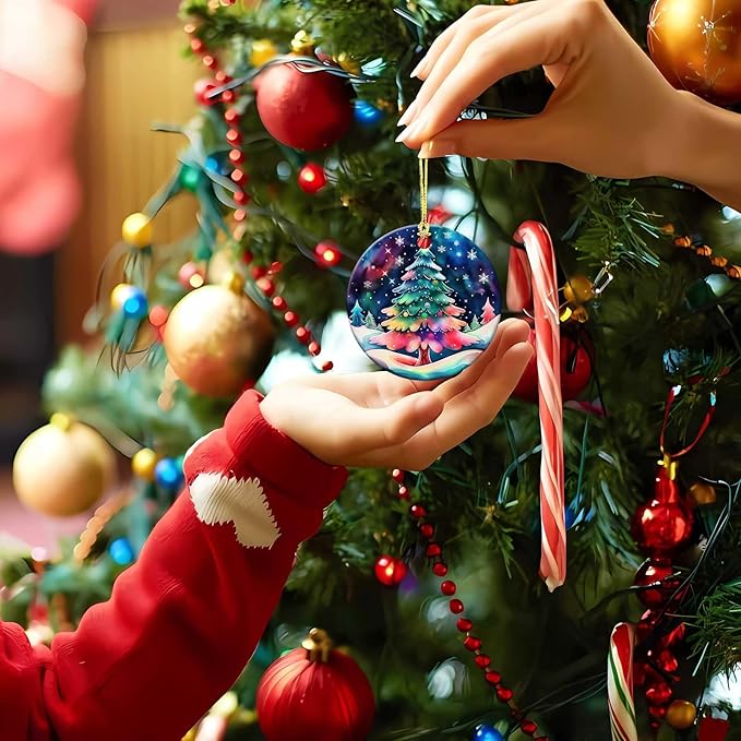 A Colorful Christmas Tree Ornament Round Ceramic Ornament Star Snowflake Xmas Keepsake for Christmas Tree Winter Holiday Xmas Gift for Women Men Xmas Hanging Ornament 3"