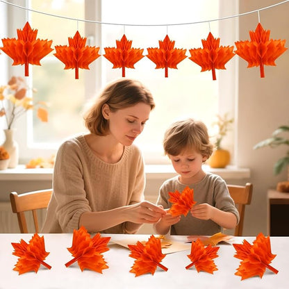 15Pcs Maple Leaf Honeycomb Decorations, Fall Thanksgiving Paper Honeycomb Hanging Ornaments for Autumn Party Favor Supplies Home Decor