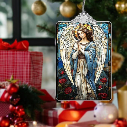 Angel Stained Glass Ornament, 2025 Christmas Tree Hanging Decoration for Religious Holiday Decor or Gift Exchange, 3.8 x 2.4 Inch
