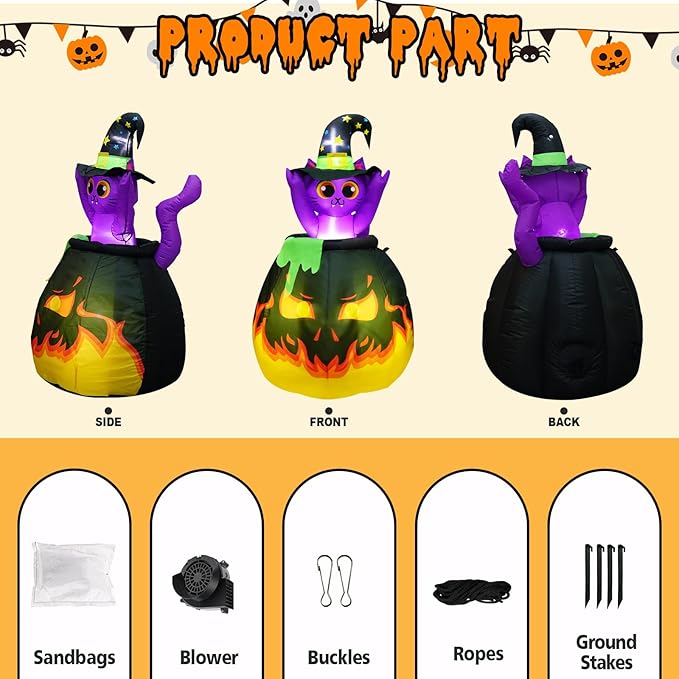 4.5FT Halloween Inflatables Cat, Automatic Pop up and Down Animated Witch Kitty in Fire Cauldron Blow up Halloween Cat Inflatable Built-in 4 LED for Halloween Decoration Outdoor Indoor