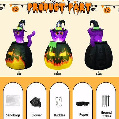 4.5FT Halloween Inflatables Cat, Automatic Pop up and Down Animated Witch Kitty in Fire Cauldron Blow up Halloween Cat Inflatable Built-in 4 LED for Halloween Decoration Outdoor Indoor