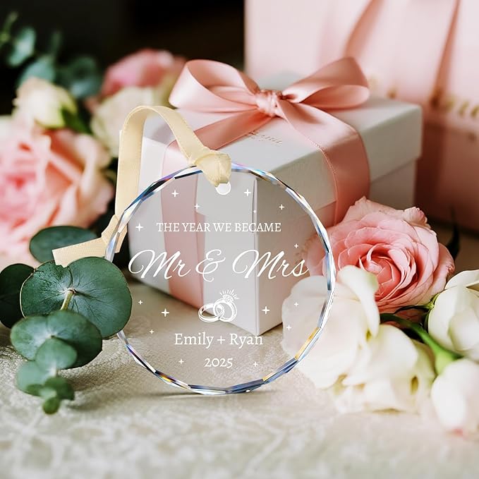 Wedding Gifts for Couples 2025 - Mr and Mrs Ornament 2025 - Bridal Shower Gifts for Bride, Newlywed, Future Mr & Mrs, Her - Just Married Crystal Glass Ornament