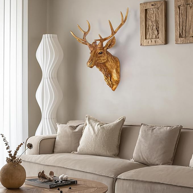 Bodun Deer Head Wall Mount Decor 14.5 inches Faux Deer Head Sculpture for Bar Background Wall Mount Home Living Room Wall Art Christmas Decoration Resin Antler Decor (Gold)