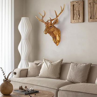 Bodun Deer Head Wall Mount Decor 14.5 inches Faux Deer Head Sculpture for Bar Background Wall Mount Home Living Room Wall Art Christmas Decoration Resin Antler Decor (Gold)