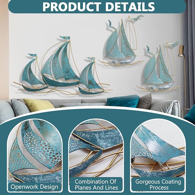 3 PCS Metal Wall Art Large Metal Sailboat Wall Decor, Metal Ship Wall Decorations, Large Metal Ship Wall Decor for Living Room, Bedroom, Modern Home Wall Sculpture for Office, Bedroom