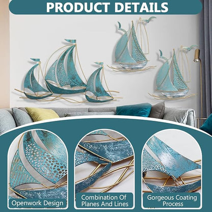3 PCS Metal Wall Art Large Metal Sailboat Wall Decor, Metal Ship Wall Decorations, Large Metal Ship Wall Decor for Living Room, Bedroom, Modern Home Wall Sculpture for Office, Bedroom