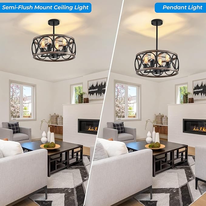 Light Fixtures Ceiling Mount,4-Lights Semi Flush Mount Ceiling Light Fixture,15.7" Black Dining Room Chandelier Rustic Drum Chandelier Pendant Light Fixture with Wood Grain Finish for Kitchen