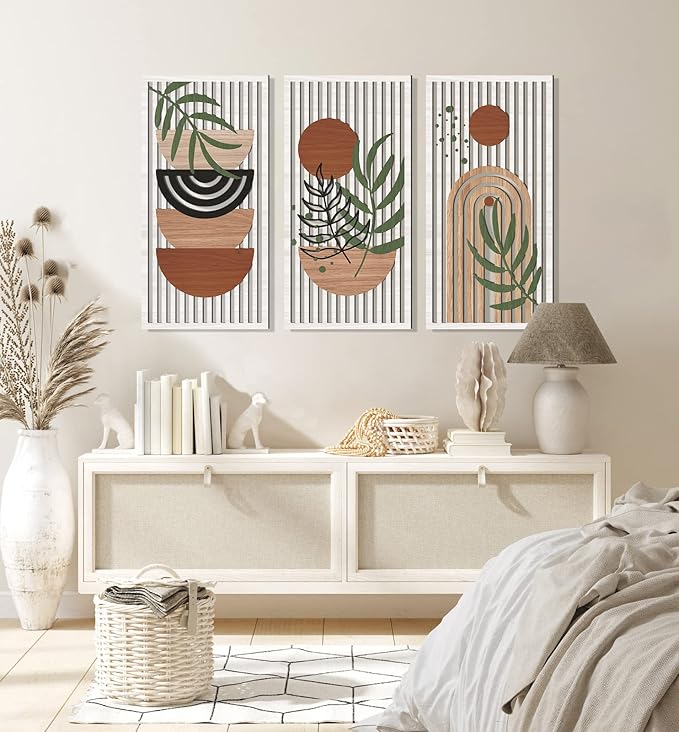 IARTTOP Large Boho Wood Wall Art Abstract Mid Century Wall Art Geometric Boho Wall Decor for Living Room Bedroom Office 16x32 Inch Set Of 3
