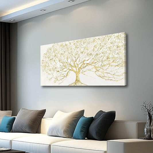 GAIDUOMAI Modern Abstract Tree Painting on White Background Gold Minimalist Art work for Bedroom Office Posters Entryway Wall Decor 24x48 Inch
