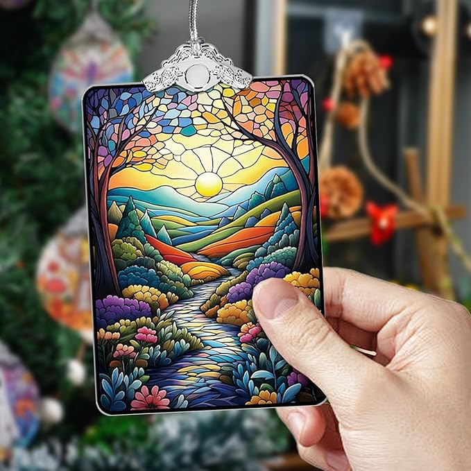 Colorful Mountain Path Landscape Stained Glass Ornament, 2025 Christmas Tree Hanging Decoration for Gift Exchange or Stocking Stuffer, Nature Holiday Decor, 3.8 x 2.4 Inch