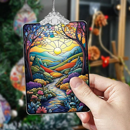 Colorful Mountain Path Landscape Stained Glass Ornament, 2025 Christmas Tree Hanging Decoration for Gift Exchange or Stocking Stuffer, Nature Holiday Decor, 3.8 x 2.4 Inch