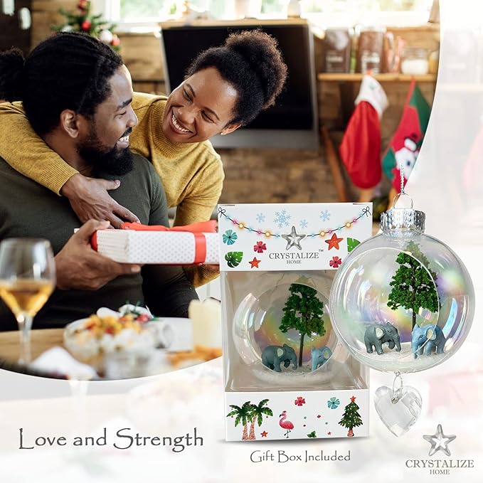 Elephants Christmas Ornament - Handmade Shatterproof Decorations for Indoor Outdoor Xmas Tree - Clear Ball Ornaments with Magnetic Crystal - Great Gift or Stocking Stuffer for Mom, Sister, Friend