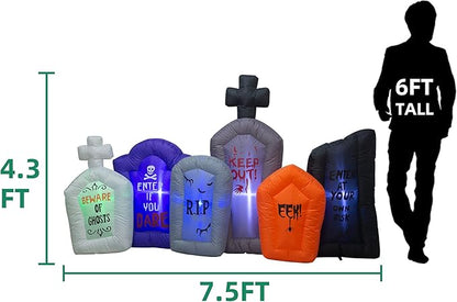 7.5 Foot Long Halloween Inflatable Tombstones Haunted House Prop LED Lights Decor Outdoor Indoor Holiday Decorations, Blow up Lighted Yard Home Garden Party Decoration