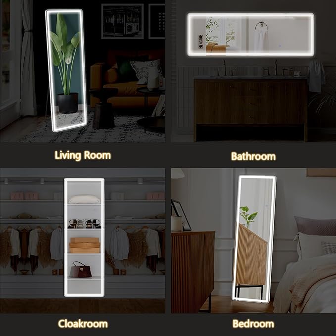 Sweetcrispy 64"x21" Mirror Full Length Standing Mirror with LED Lights, Lighted Floor Mirror with Stand, w/Dimming & 3 Color Lighting, Wall Mirror Full Length Aluminum Alloy Thin Frame, White