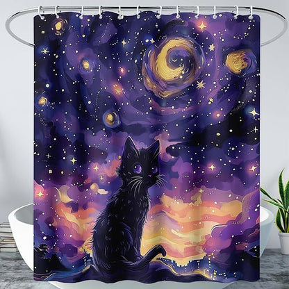 AILONEN Black Cat Shower Curtain,Cartoon Mother Son Kitten Shower Curtain Set for Kids Boys Girls,Boho Style Starry Night Shower Curtain with Hooks for Bathroom,72" W*72" H
