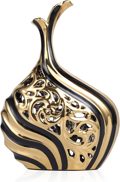 Black and Gold 15 inch Floor Standing Large vase with Unique skeletonized Large vase Pampas Grass Decoration for Living Room, Home Office Porch Shelves on Floor entryway Entrance Tabletop Decoration.