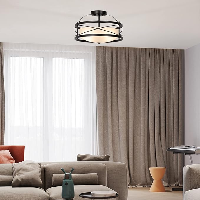 Semi Flush Mount Ceiling Light Fixtures for Farmhouse Hallway Kitchen Retro Vintage Metal Cage Drum Close to Ceiling Light E26 Base Black