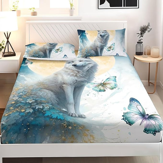 AILONEN Wolf Fitted Sheet Set Queen Size, Blue Tie Dye Wolf Bed Sheet Set Decor,3 Pieces Moon Wolf Sheet Set,Modern Watercolor Wolf and Butterfly Fitted Sheet with 2 Pillowcases