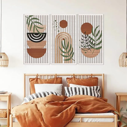 IARTTOP Large Boho Wood Wall Art Abstract Mid Century Wall Art Geometric Boho Wall Decor for Living Room Bedroom Office 16x32 Inch Set Of 3