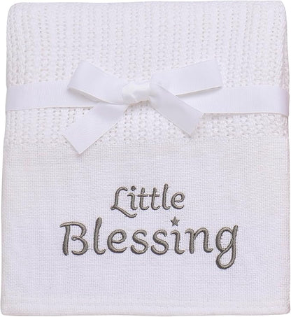 Cotton Knit Baby Blanket with Embroidery, Little Blessings, 30 in. x 40 in., White, Unisex