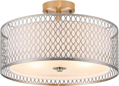 17" Semi Flush Mount Ceiling Light Fixture, Modern 3-Light E26 Double Drum Ceiling Lighting with White Fabric Lampshade and Gloden Iron Mesh Cage for Living Room Bedroom, Brushed Nickel