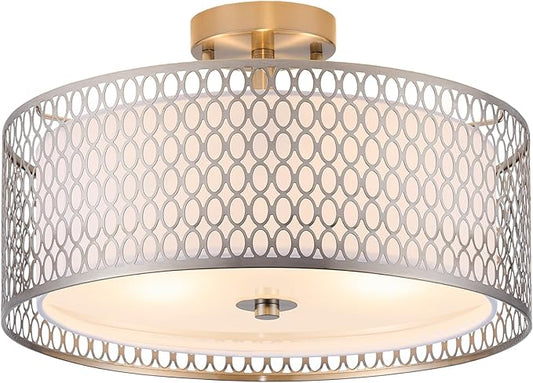 17" Semi Flush Mount Ceiling Light Fixture, Modern 3-Light E26 Double Drum Ceiling Lighting with White Fabric Lampshade and Gloden Iron Mesh Cage for Living Room Bedroom, Brushed Nickel