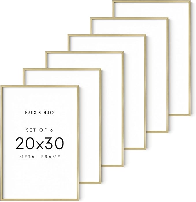 HAUS AND HUES 20x30 Gold Metal Picture Frames - Features Premium Aluminum, Vertical & Horizontal Hang, Shatterproof Plexiglass - Perfect for Home, Room, Office (20x30 in, Gold, Set of 6)