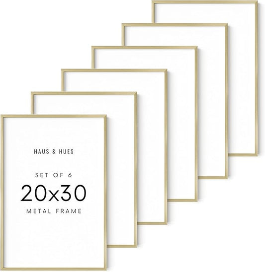 HAUS AND HUES 20x30 Gold Metal Picture Frames - Features Premium Aluminum, Vertical & Horizontal Hang, Shatterproof Plexiglass - Perfect for Home, Room, Office (20x30 in, Gold, Set of 6)