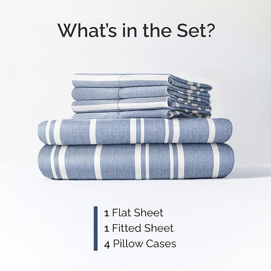 CGK Linens Cal King 6 Piece Sheet Set - Cooling Sheets for Hot Sleepers - Hotel Luxury Bedding Set w/ 8-16 Inch Deep Pockets - 1 Flat & 1 Fitted & 4 Pillowcases - Soft & Wrinkle Free - Blue Stripes