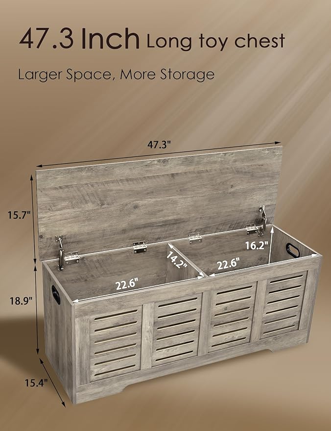 DINZI LVJ Storage Chest, 47.3” Wooden Toy Box with 2 Safety Hinges, Retro Entryway Shoe Storage Bench with Flip-Top, Sturdy Large Storage Trunk for Living Room, Bedroom, Easy Assembly, Gray Wash