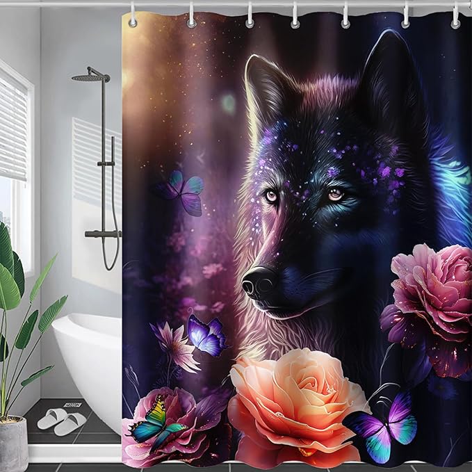 AILONEN Wolf Shower Curtain,Butterfly Flower Wolf Bath Curtain for Kids Boys Girls,Polyester Waterproof for Bathroom with 12 Plastic Hooks 72" W*72" H