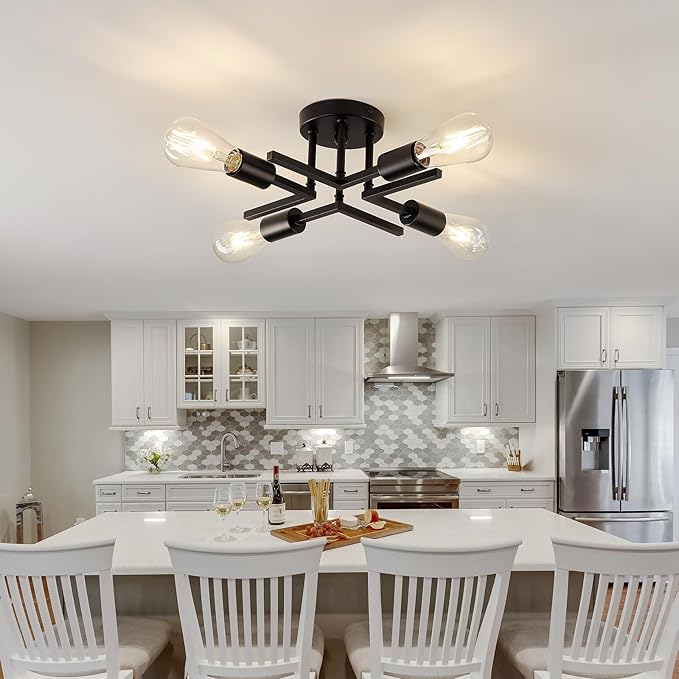 Industrial 4-Lights Semi Flush Mount Ceiling Light Fixture Modern Metal Black Sputnik Chandeliers with E26 Bulb Base Close to Ceiling Light for Kitchen Dining Room Living Room Hallway Bedroom Entryway