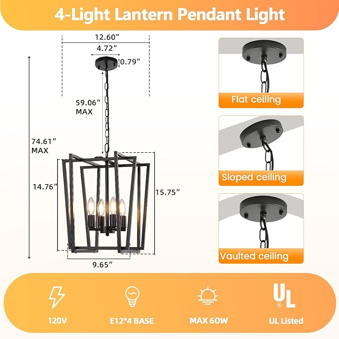 4-Light Black Chandelier, Farmhouse Lantern Pendant Light Lighting Fixtures, Industrial Ceiling Light, Adjustable Height Rustic Geometric Hanging Chandelier for Kitchen Island,Entryway,Foyer,E12 Base