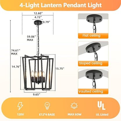 4-Light Black Chandelier, Farmhouse Lantern Pendant Light Lighting Fixtures, Industrial Ceiling Light, Adjustable Height Rustic Geometric Hanging Chandelier for Kitchen Island,Entryway,Foyer,E12 Base