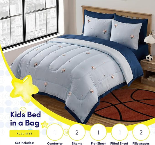 Basketball Comforter Set Full Size – Bed in a Bag with Sheets, Pillowcases & Shams – Soft Stylish Sports Bedding – All Season Boys Basketball Bed Set