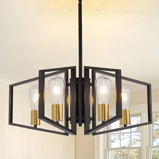 4-Light Black and Gold Chandelier, Lantern Geometric Ceiling Light Fixtures, Dining Room Light Fixtures Over Table, Modern Farmhouse Hanging Pendant Lights for Kitchen Island, Bedroom, Foyer, Entryway