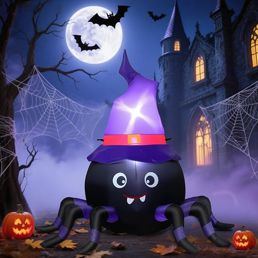 5FT Halloween Inflatable Spider with Witch Hat Outdoor Decoration, Blow Up Yard Inflatable Decorations with Built-in LED Lights for Garden/Lawn/Holiday/Home Party Decor