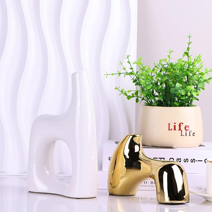 Snuggle Hollow Ceramic Vase Set of 2,Funky White and Gold Vases for Centerpieces Table Decorations,Gold Vases for Centerpieces,Modern Flower Vase for Tables Living Room,Unique Vase