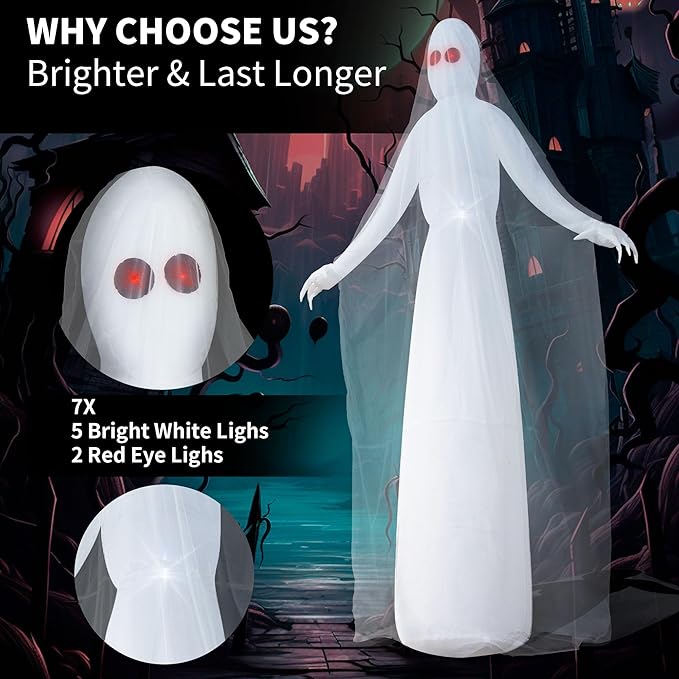 8FT Halloween Inflatables Outdoor Decorations Ghost Bride Halloween Decor Outside Blow Ups with Red Eyes LED Lights for Yard Indoor Lawn Party Porch Garden