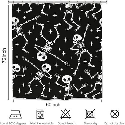 Skull Skeleton Halloween Shower Curtain 60Wx72L Inch Funny Black White Scary Horror Spooky Dancing Day of The Dead Holiday Bathroom Set Accessories Decor with 12 Pack Hooks