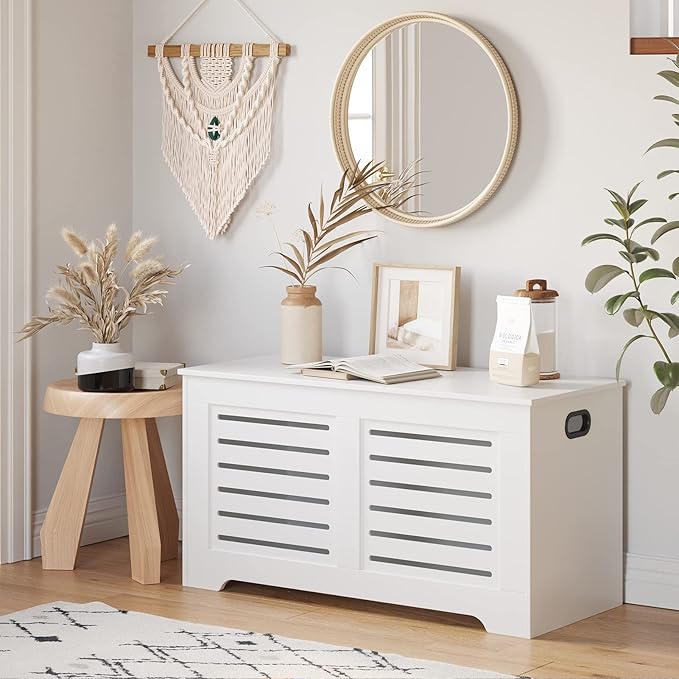 DINZI LVJ Storage Chest, 39.4”Wooden Toy Box with 2 Safety Hinges, Retro Entryway Shoe Storage Bench with Flip-Top, Sturdy Large Storage Trunk for Living Room, Bedroom, Easy Assembly, White