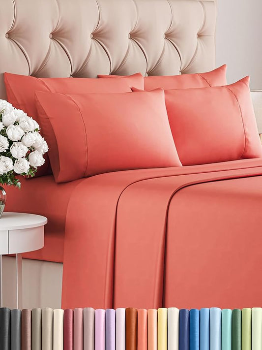 CGK Linens Cal King 6 Piece Sheet Set - Cooling Sheets for Hot Sleepers - Hotel Luxury Bedding Set with 8-16 Inch Deep Pockets - 1 Flat & 1 Fitted & 4 Pillowcases - Ultra Soft & Wrinkle Free - Coral