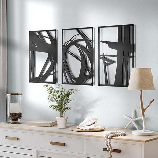 Pinetree Art Black Abstract Metal Wall Art, 3D Textured Metal Wall Sculptures, Hollow Out Design Modern Wall Decor for Living Room Bedroom Home Office (M, 16" x 24" x 3pcs)